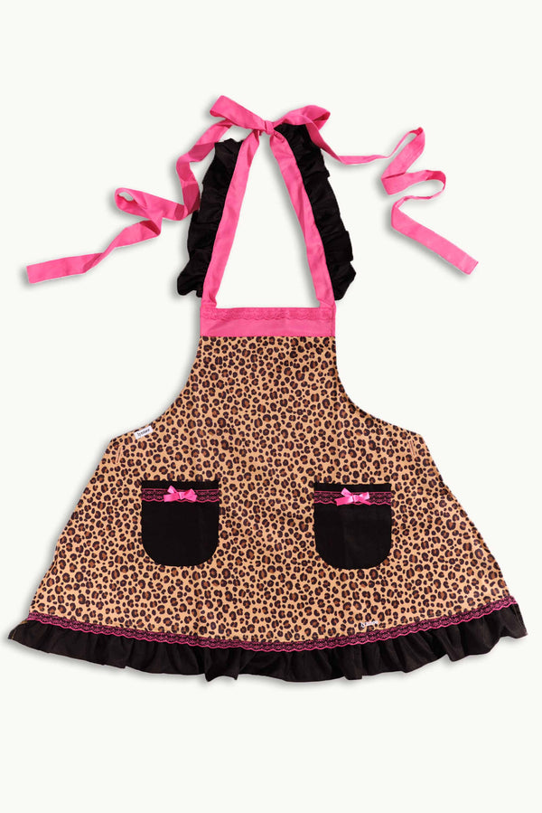 Lynnee Kitchen Apron Leopard, Hot Pink and Black with Girly Lace and Ruffles, ties in a bow