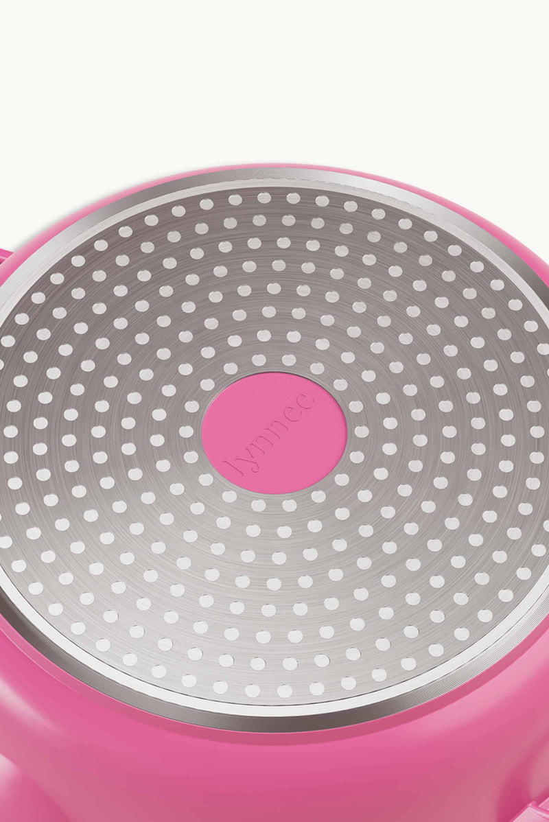 Lynnee 11" Fry Pan bottom view, induction base for even heat distribution for cooking food in the kitchen, Hot Pink, Girly and Cute
