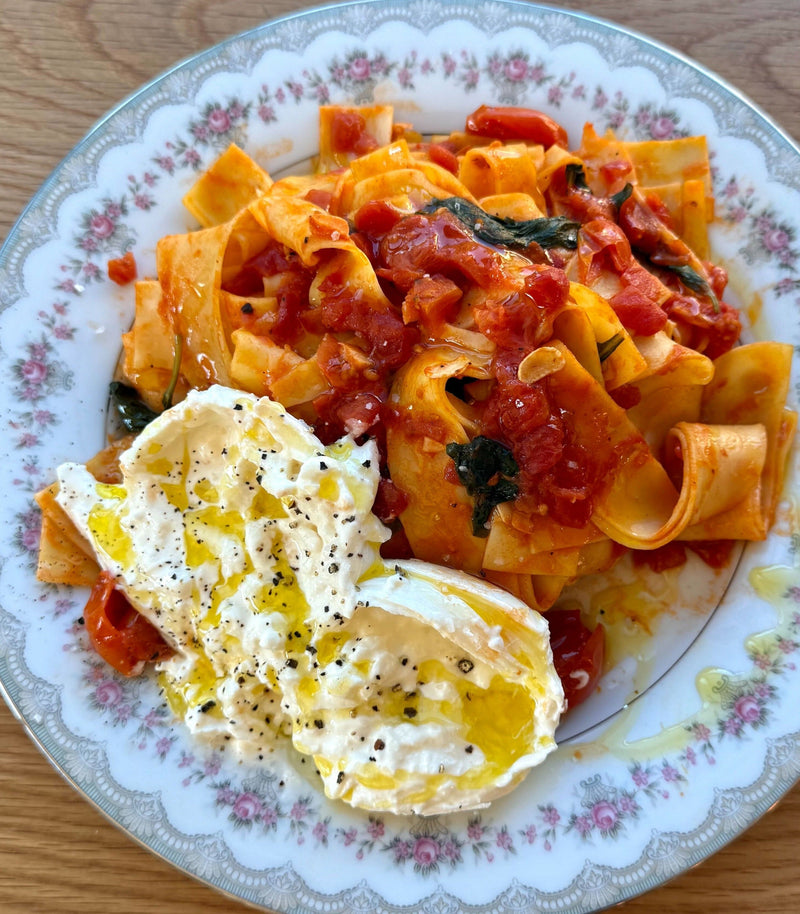 Lynnee Pappardelle with Tomato Sauce and Burrata