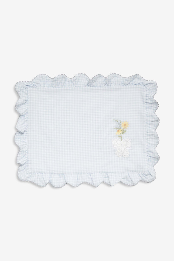 For Love & Lemons x Lynnee Collab, Bluebell Gingham Placemats Set of 2, with cute sunflowers and bow embroidered detail, ruffled edges