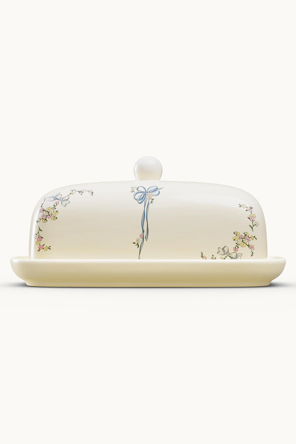 For Love & Lemons x Lynnee Cream Baby Bows Ceramic Butter Dish Front View