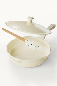 For Love & Lemons x Lynnee Collab, 11" Frying Pan for cooking, Cream Eggshell color, with lady dot polka dot spatula, silicone with wooden handle