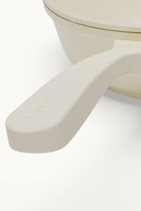 For Love & Lemons x Lynnee Collab, 11" Frying Pan for cooking, Cream Eggshell color, close up of handle with logo detail