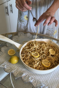 For Love & Lemons x Lynnee Collab, 11" Frying Pan for cooking, Cream Eggshell color with yummy lemon pasta, bluebell gingham placemat 