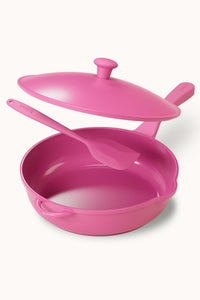 Lynnee 11" Fry Pan for cooking food in the kitchen, Hot Pink, Girly and Cute with matching Silicone spatula